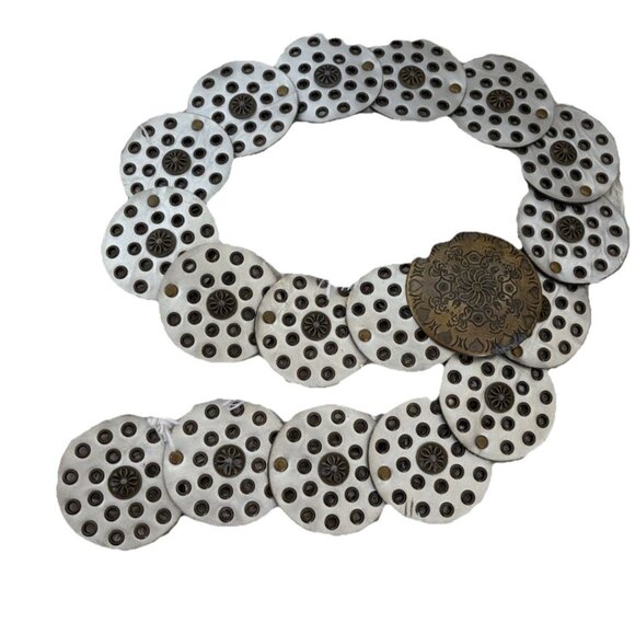 Vtg Leather Discs & Brass Concho Western Boho Adjustable Belt 40" Y2K 2000s 00s - Picture 5 of 8